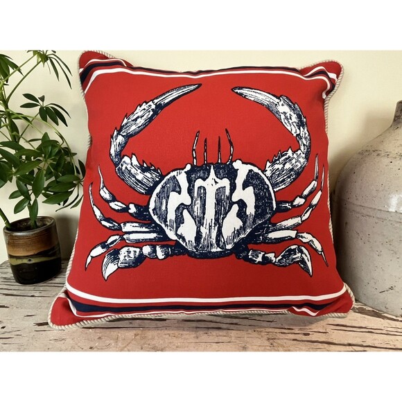 Vintage Nautical Crab On Red Canvas W/ Rope Piping 15” Throw Pillow 2 SIDED - Picture 3 of 9